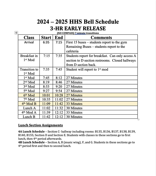 2024 -2025 3-Hour Early Release Schedule